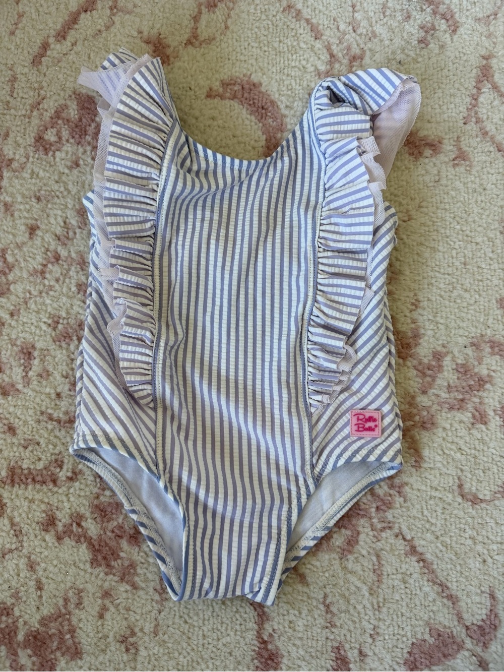 Ruffle Butts Blue and White Striped Ruffle Kids Swimsuit